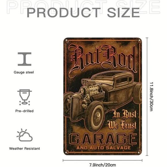 Tin Sign • Rat Rod Blown Hemi • Auto Salvage & Garage • In Rust We Trust • 8x12 - Picture 6 of 8